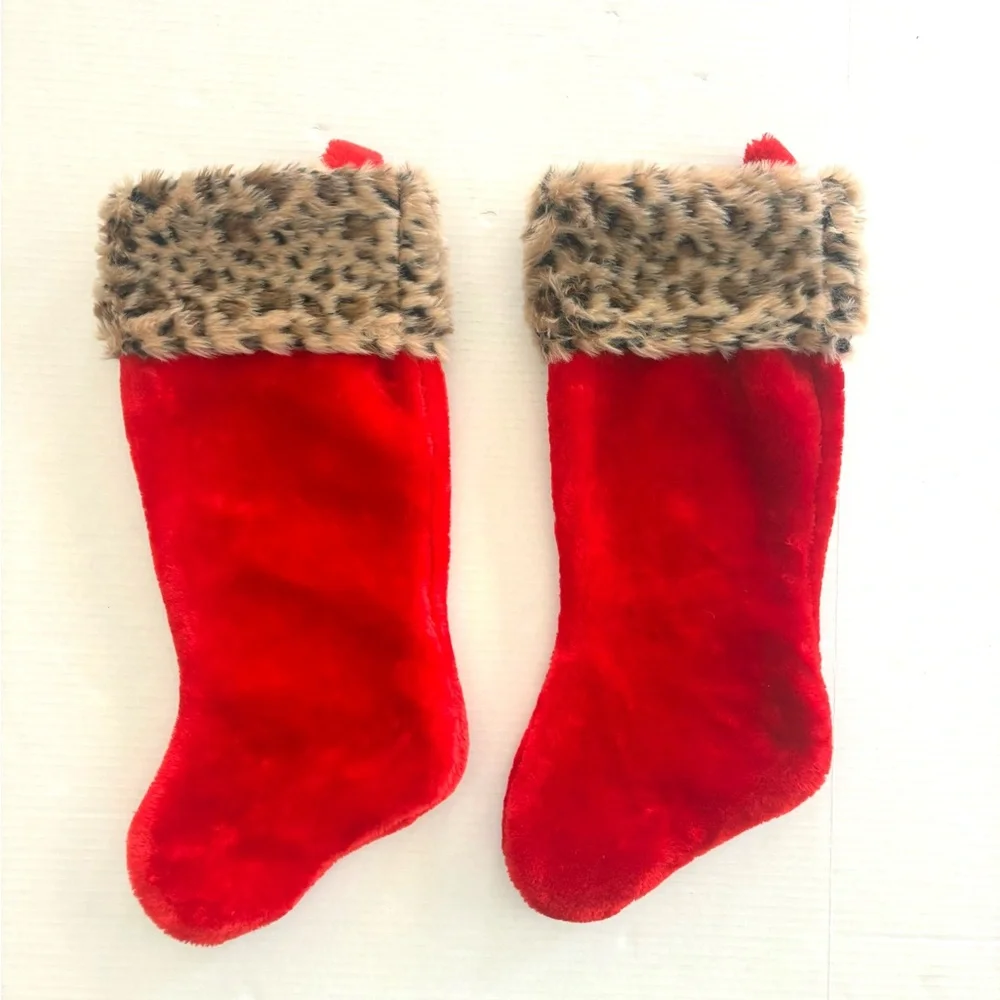 Faux‎ Fur Red Leopard Animal Trim Christmas stockings 19” NWOT